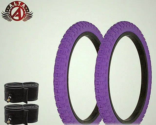 PAIR OF ALL PURPLE BICYCLE ALTA BMX TIRES W/ TUBES IN 18 X 2.125 COMP III TREAD.