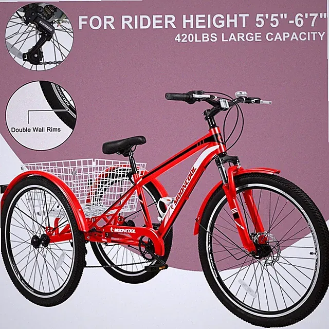 SLSY Mountain Tricycle 27.5/26/24" 7 Speed 3Wheel Cruiser Bike Basket For Adults